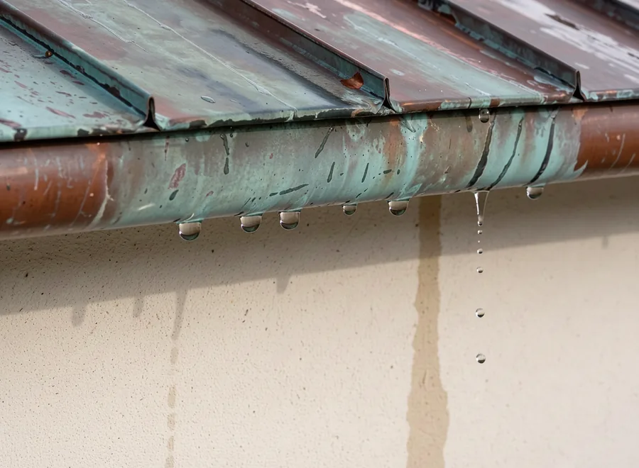 Rain beads gather along a green-patinated copper lip beside pale plaster.